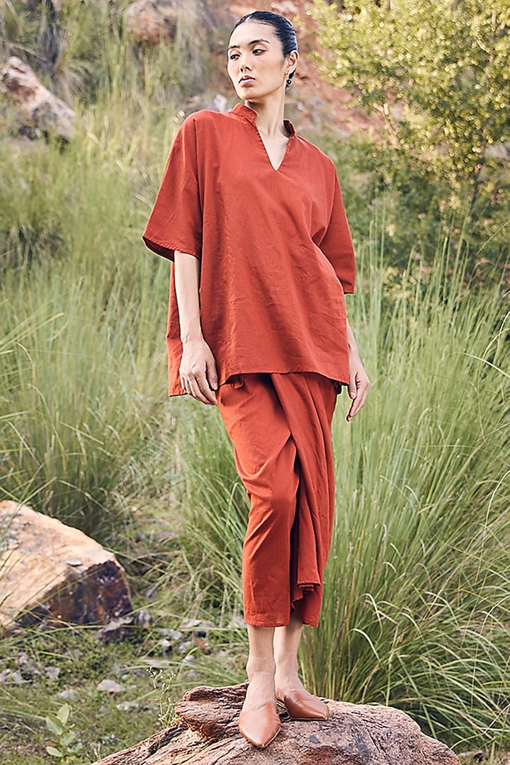 Brick Red Cotton Dhoti Skirt Set by Khara Kapas at Pernia's Pop Up Shop