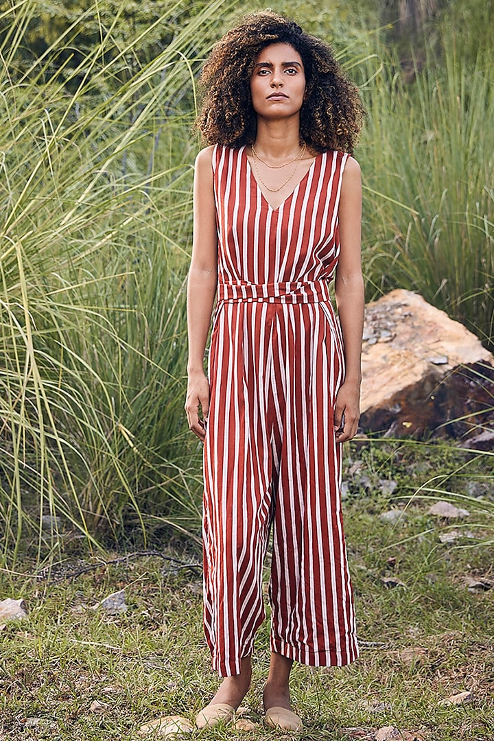 Brick Red & Off-White Striped Printed Jumpsuit by Khara Kapas