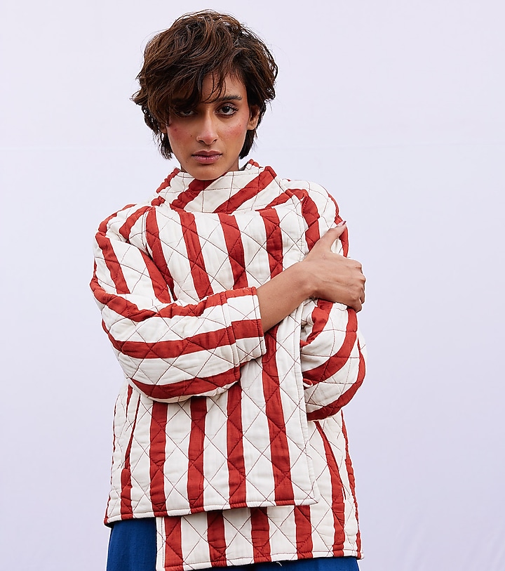 Brick Red & Off-White Cotton Mul Striped Jacket by Khara Kapas