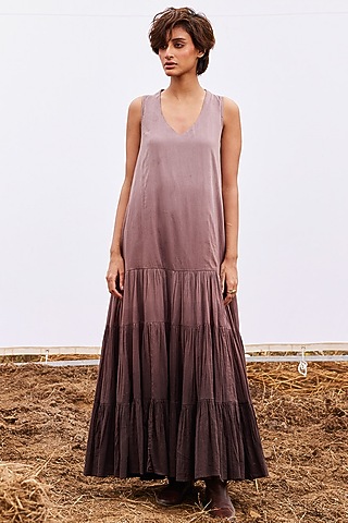 Plum Ombre Cotton Mul Tiered Maxi Dress by Khara Kapas