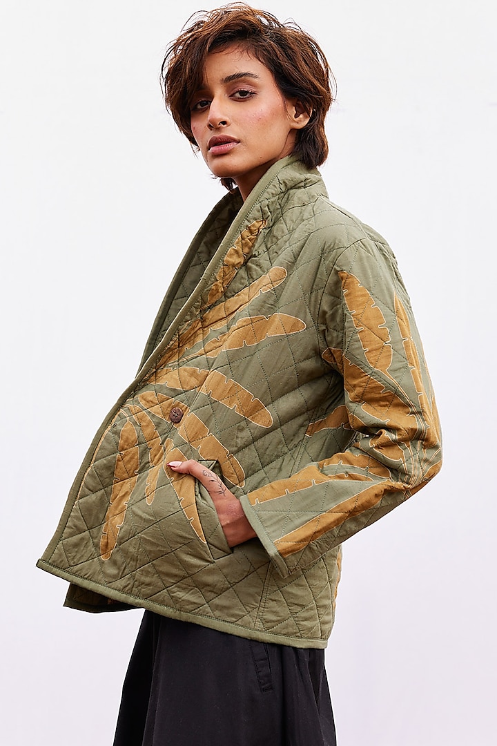 Sage Green Cotton Mul Floral Block Printed Quilted Jacket by Khara Kapas
