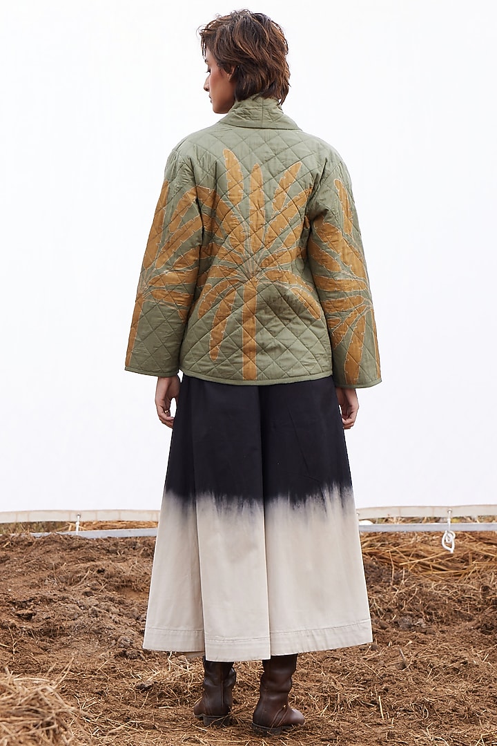 Sage Green Cotton Mul Floral Block Printed Quilted Jacket by Khara Kapas at Pernia's Pop Up Shop