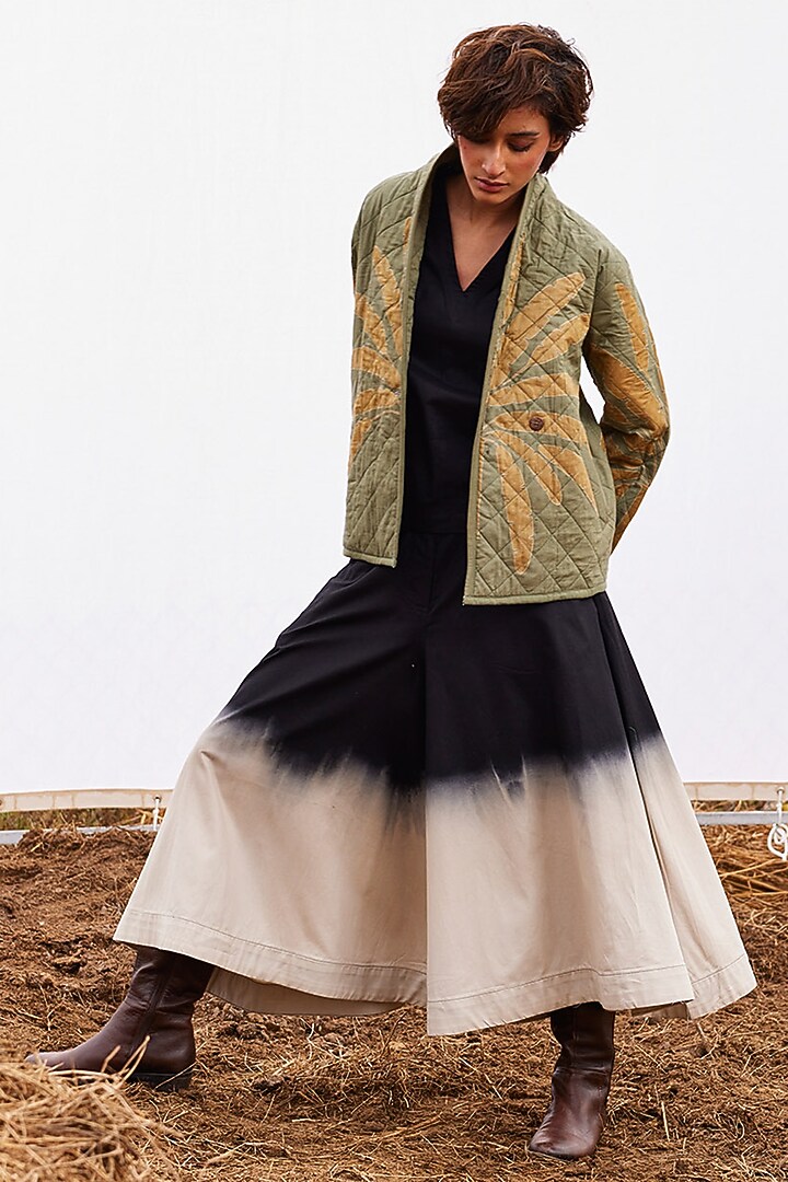 Sage Green Cotton Mul Floral Block Printed Quilted Jacket by Khara Kapas at Pernia's Pop Up Shop