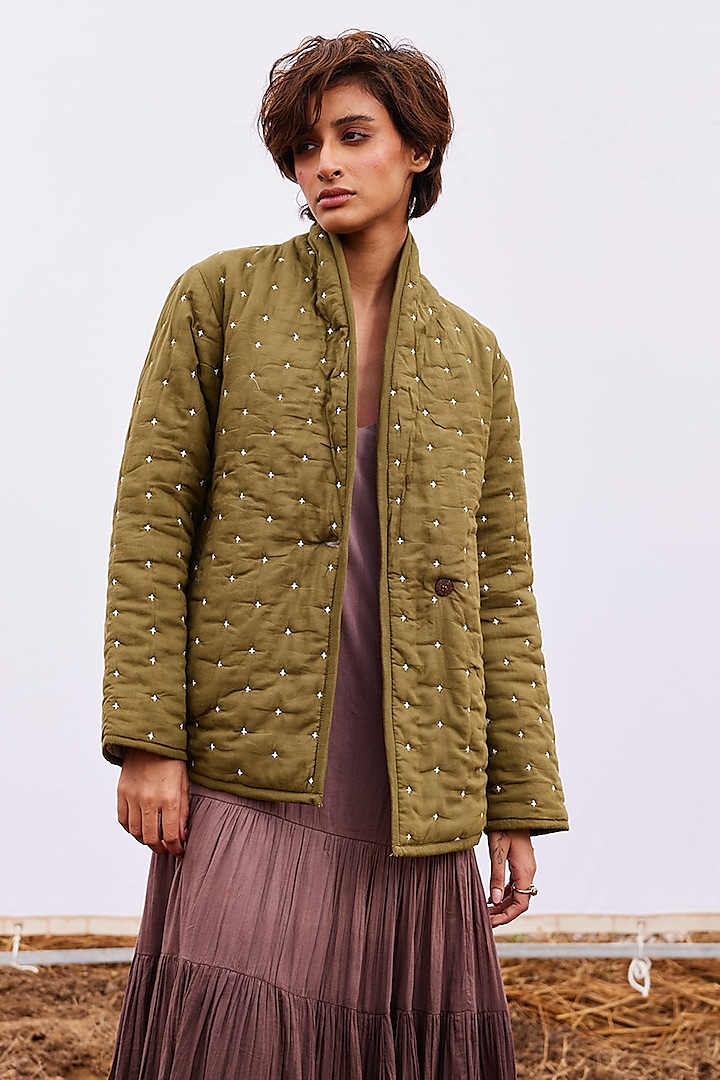Wasabi Green Cotton Mul Quilted Jacket by Khara Kapas