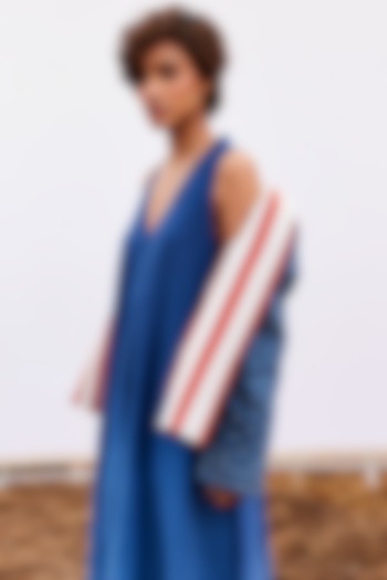 Blue Cotton Herringbone Quilted Jacket by Khara Kapas at Pernia's Pop Up Shop