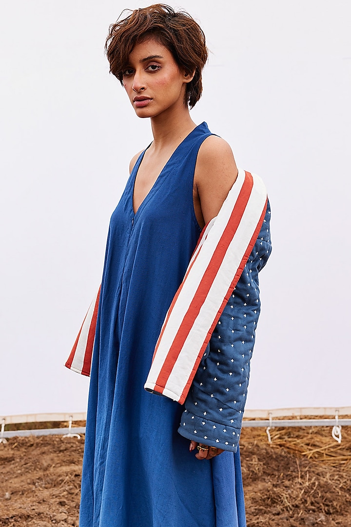 Blue Cotton Herringbone Quilted Jacket by Khara Kapas at Pernia's Pop Up Shop