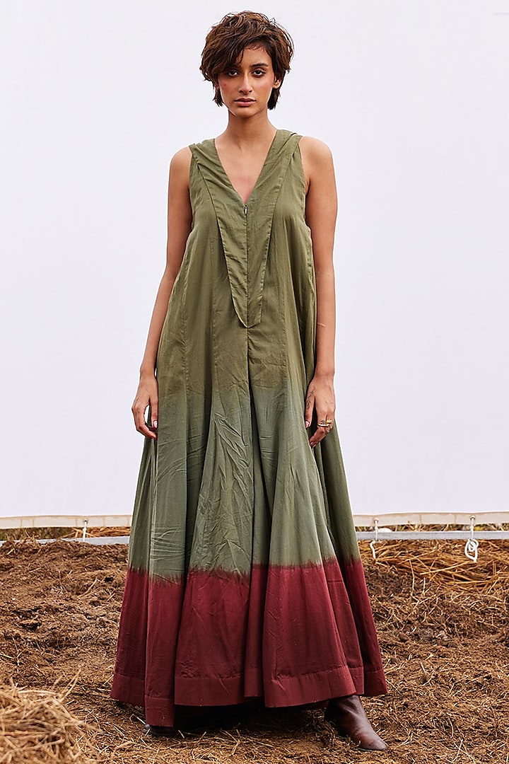 Sage green Cotton Mul Dyed Jumpsuit by Khara Kapas