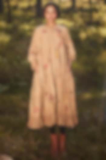 Khaki Brown Cotton Mul Floral Printed Tiered Summer Dress by Khara Kapas at Pernia's Pop Up Shop