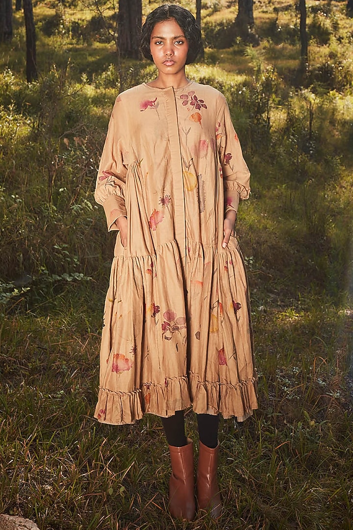 Khaki Brown Cotton Mul Floral Printed Tiered Summer Dress by Khara Kapas at Pernia's Pop Up Shop