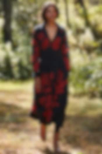 Black & Red Cotton Mul Abstract Printed Summer Dress by Khara Kapas at Pernia's Pop Up Shop