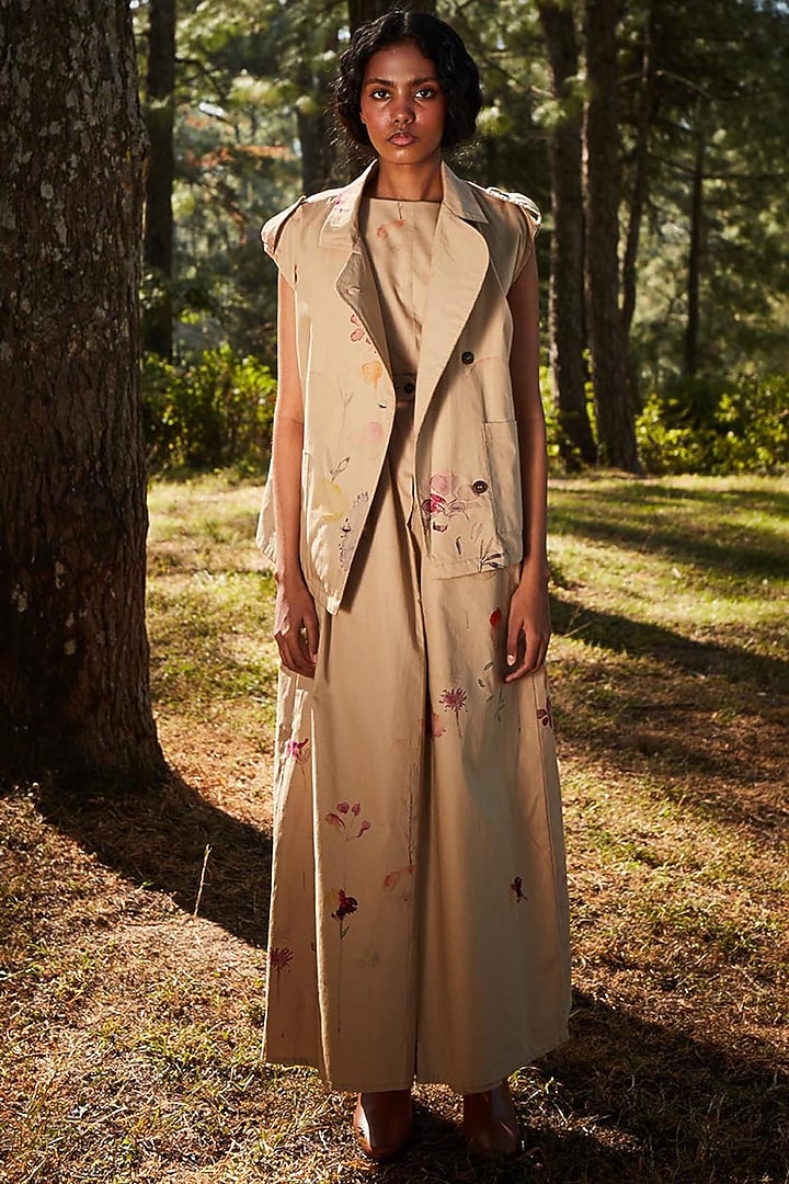 Khaki Brown Oxford Floral Printed Jumpsuit With Jacket by Khara Kapas at Pernia's Pop Up Shop