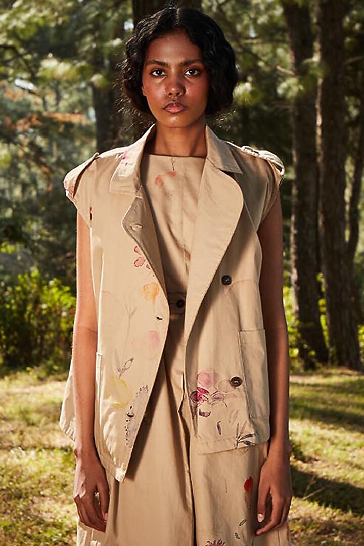 Khaki Brown Oxford Floral Printed Jumpsuit With Jacket by Khara Kapas at Pernia's Pop Up Shop