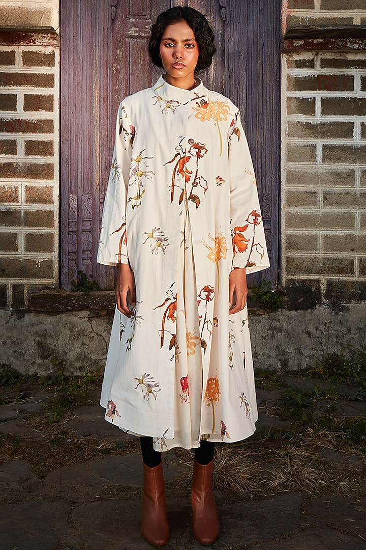 Off-White Cotton Canvas Floral Printed Summer Dress by Khara Kapas at Pernia's Pop Up Shop