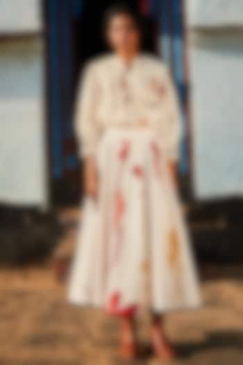 Off-White Cotton Canvas Floral Printed Skirt by Khara Kapas at Pernia's Pop Up Shop