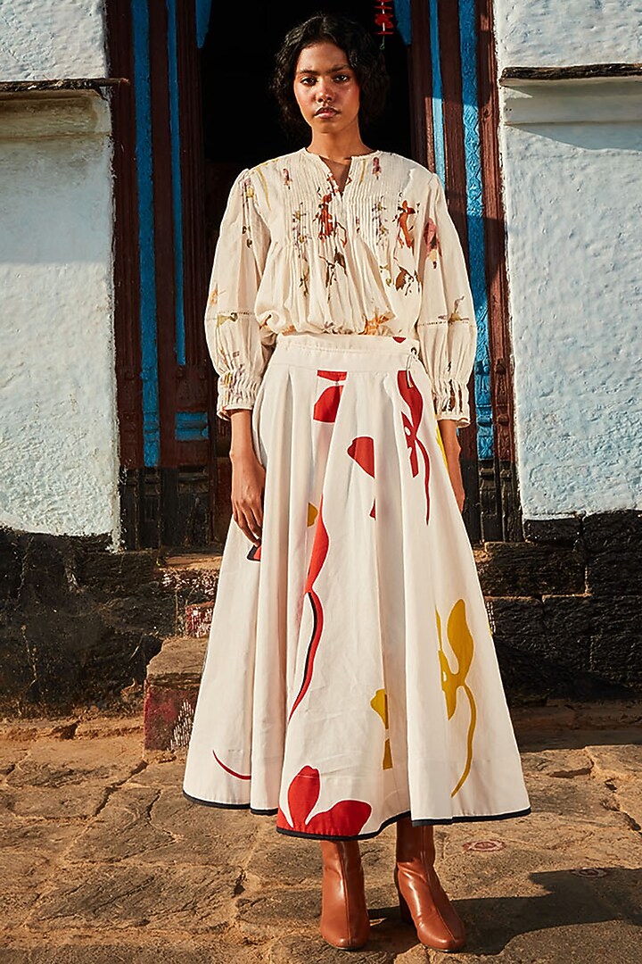 Off-White Cotton Canvas Floral Printed Skirt by Khara Kapas at Pernia's Pop Up Shop