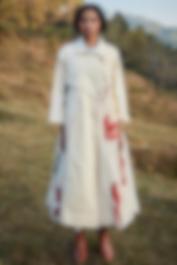 Off-White Cotton Oxford Trench Coat by Khara Kapas at Pernia's Pop Up Shop