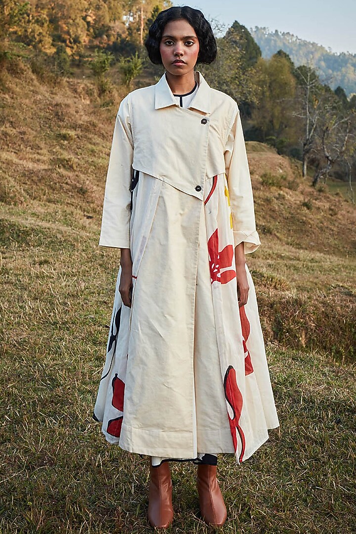 Off-White Cotton Oxford Trench Coat by Khara Kapas at Pernia's Pop Up Shop