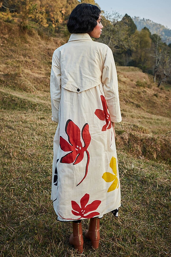 Off-White Cotton Oxford Trench Coat by Khara Kapas at Pernia's Pop Up Shop