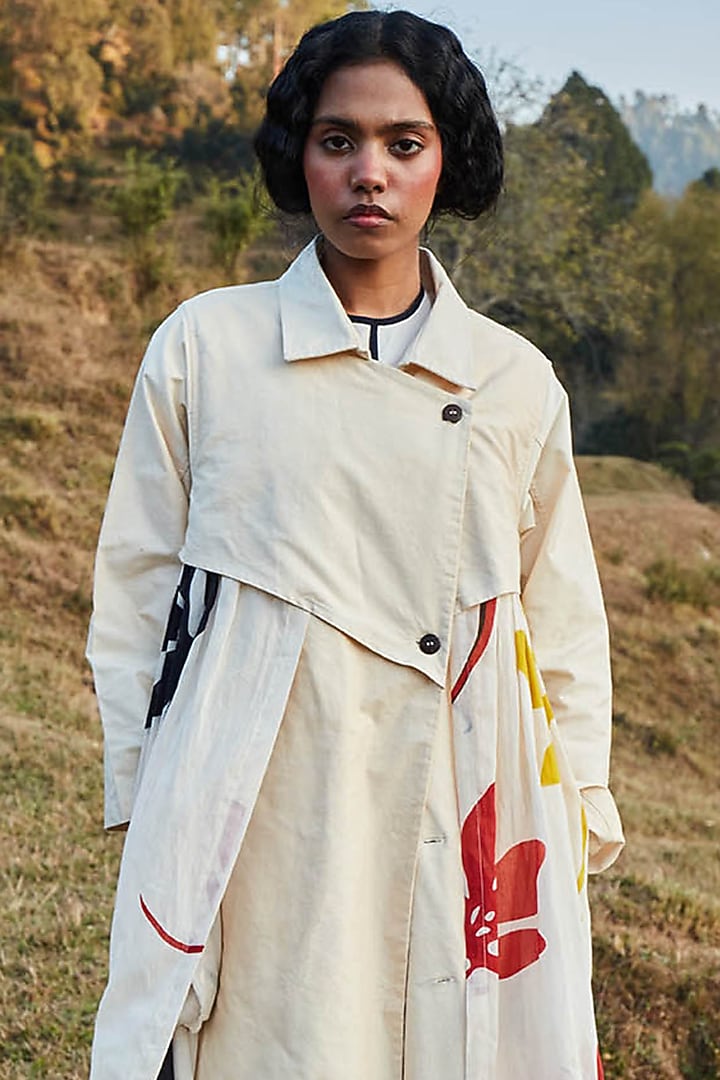 Off-White Cotton Oxford Trench Coat by Khara Kapas at Pernia's Pop Up Shop