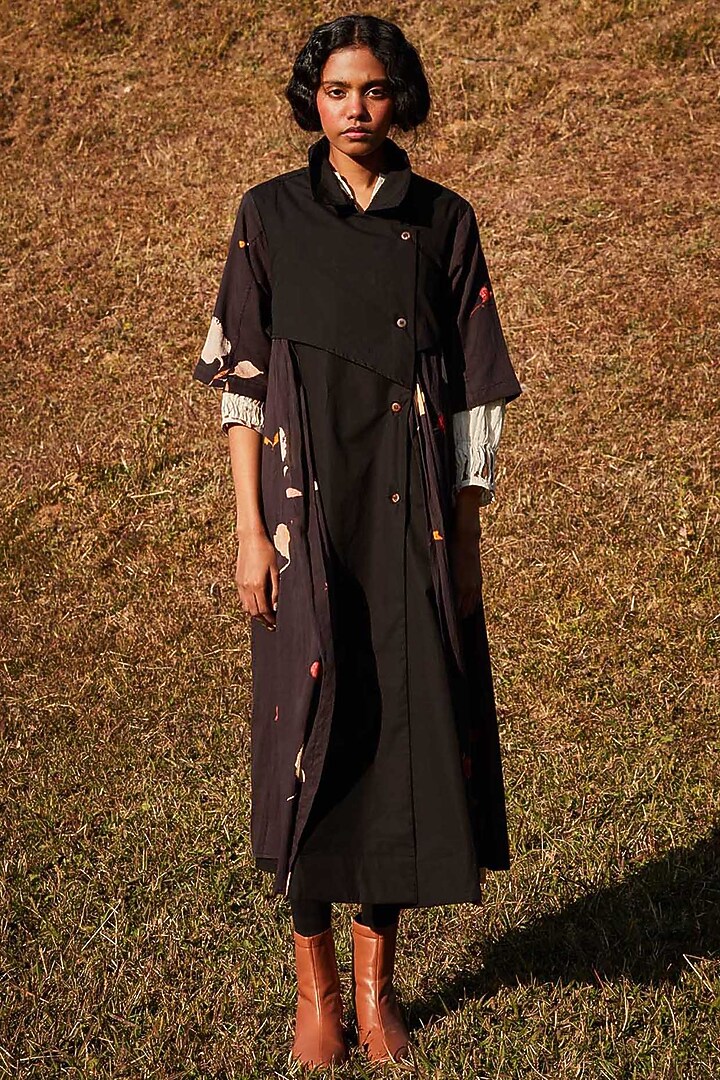 Black & Coca-Cola Colored Cotton Mul Floral Printed Trench Coat by Khara Kapas at Pernia's Pop Up Shop