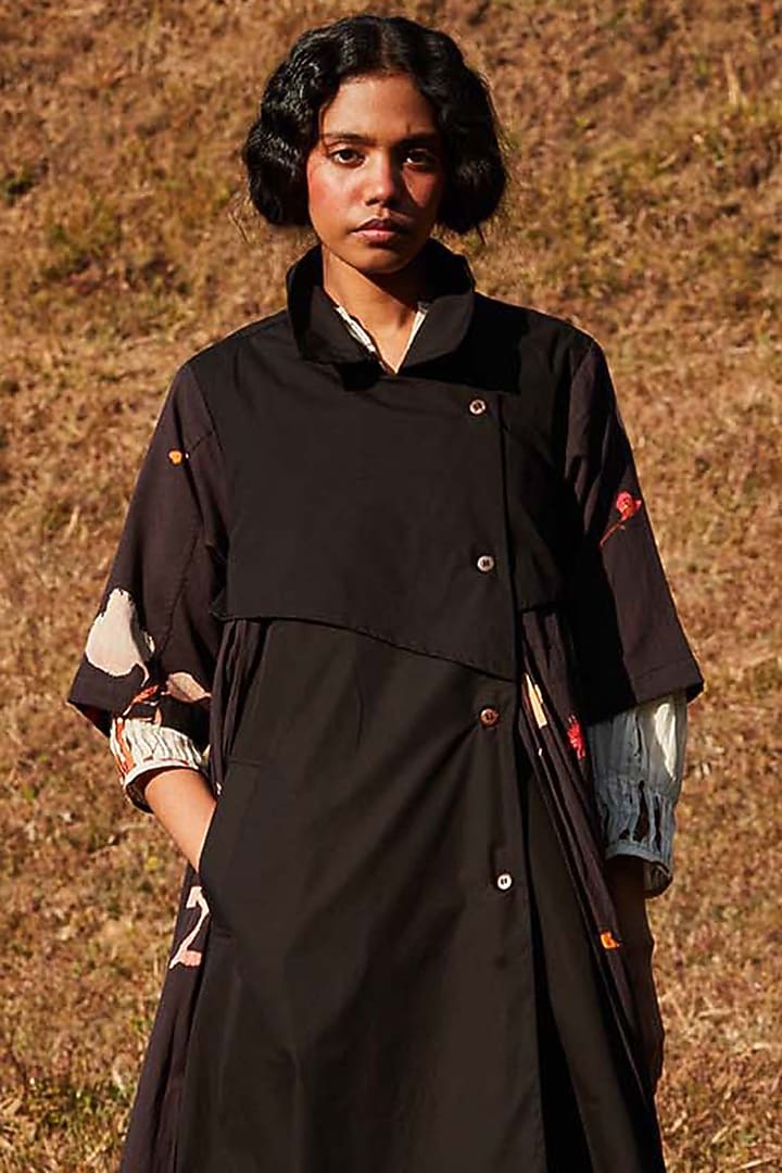 Black & Coca-Cola Colored Cotton Mul Floral Printed Trench Coat by Khara Kapas at Pernia's Pop Up Shop