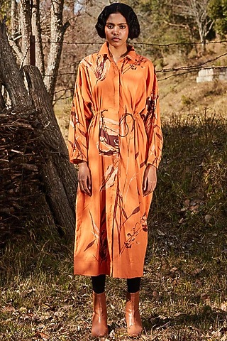 Orange Cotton Mul Floral Dress by Khara Kapas