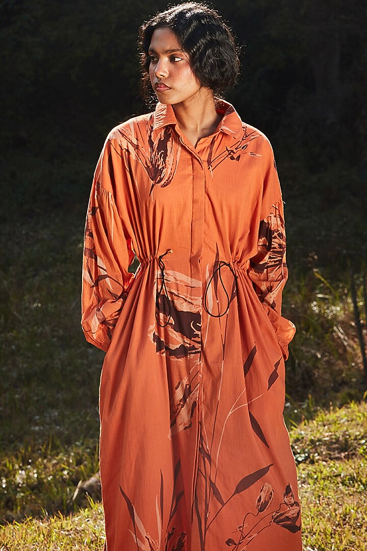 Orange Cotton Mul Floral Summer Dress by Khara Kapas at Pernia's Pop Up Shop