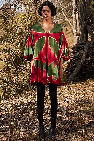 Pink & Green Cotton Mul Shibori Dyed Mini Dress by Khara Kapas