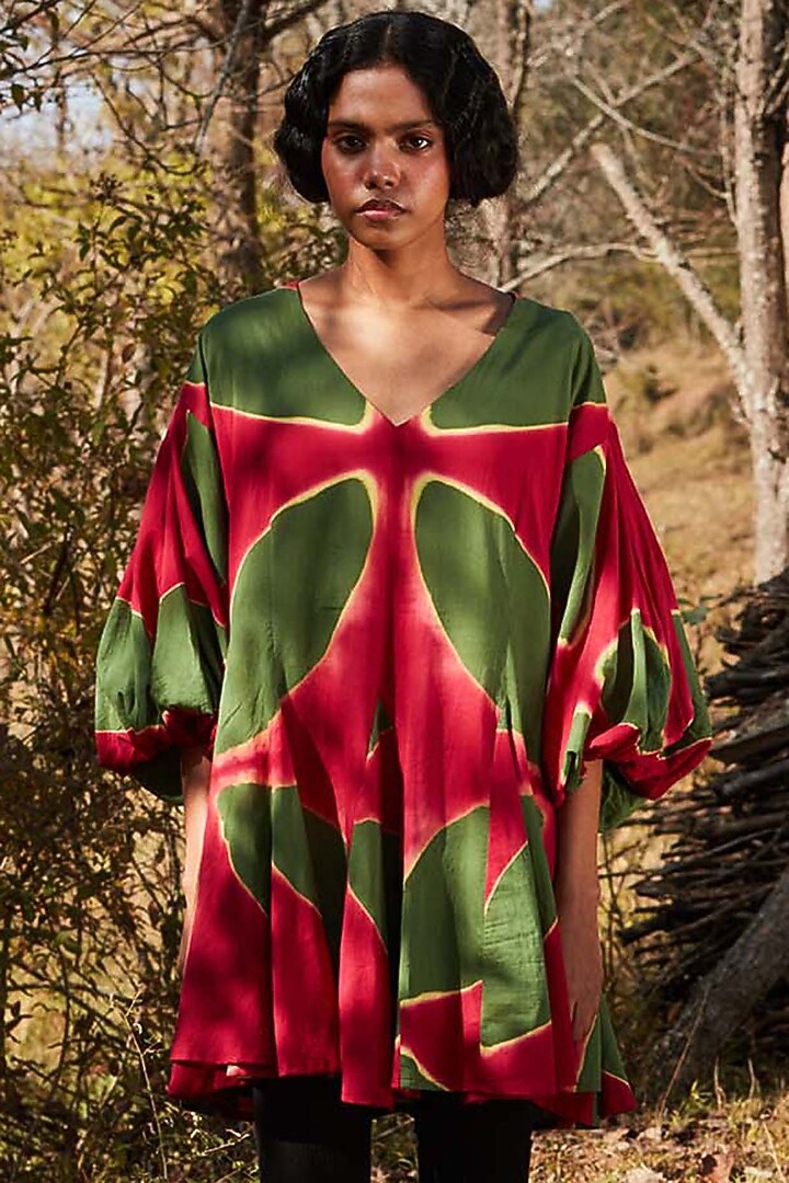 Pink & Green Cotton Mul Shibori Dyed Mini Summer Dress by Khara Kapas at Pernia's Pop Up Shop