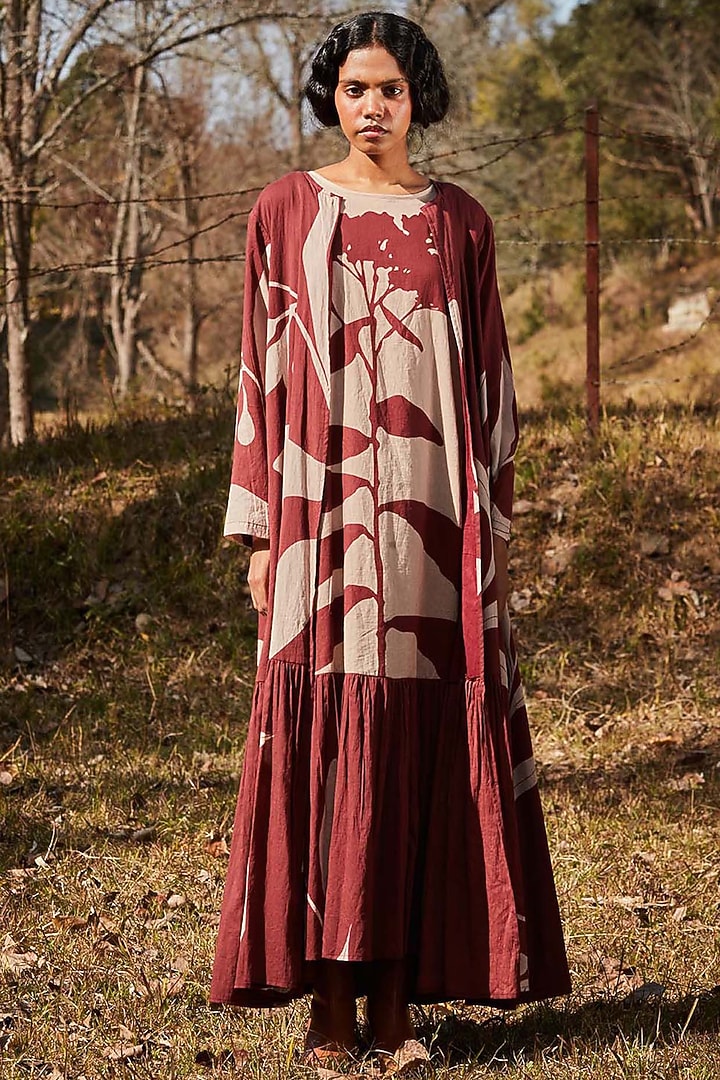 Beige & Brunette Cotton Mul Abstract Printed Jacket Summer Dress by Khara Kapas at Pernia's Pop Up Shop