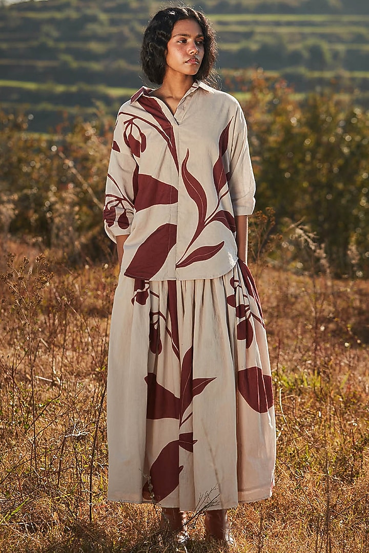 Beige Cotton Mul Printed Skirt Set by Khara Kapas at Pernia's Pop Up Shop