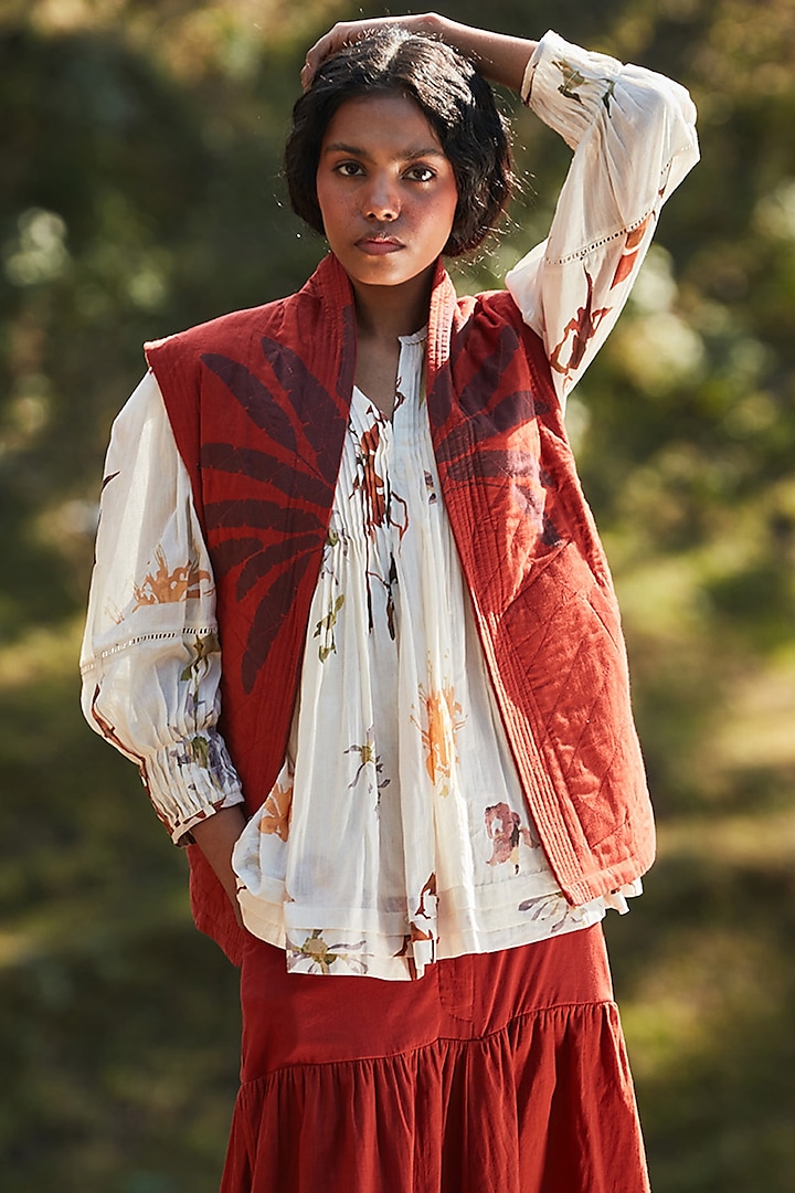 Rustic Red Cotton Mul Reversible Quilted Jacket by Khara Kapas at Pernia's Pop Up Shop