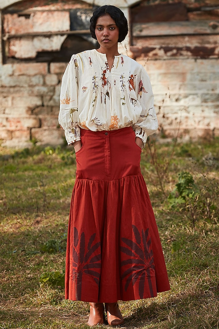 Rustic Red Cotton Mul Skirt by Khara Kapas at Pernia's Pop Up Shop