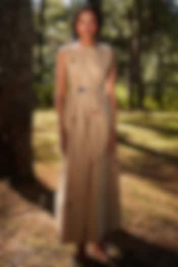 Khaki Brown Oxford Floral Printed Jumpsuit by Khara Kapas at Pernia's Pop Up Shop