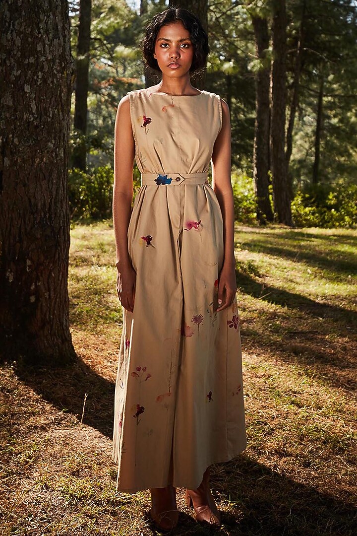 Khaki Brown Oxford Floral Printed Jumpsuit by Khara Kapas at Pernia's Pop Up Shop