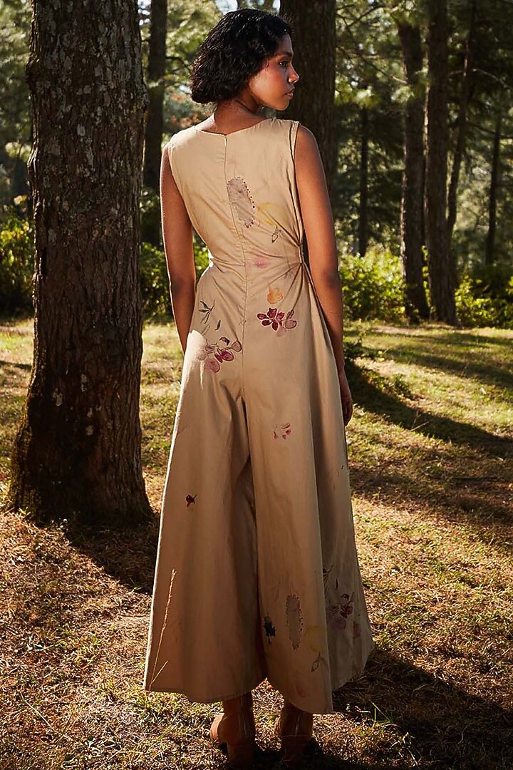 Khaki Brown Oxford Floral Printed Jumpsuit by Khara Kapas at Pernia's Pop Up Shop