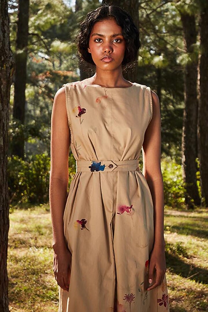 Khaki Brown Oxford Floral Printed Jumpsuit by Khara Kapas at Pernia's Pop Up Shop