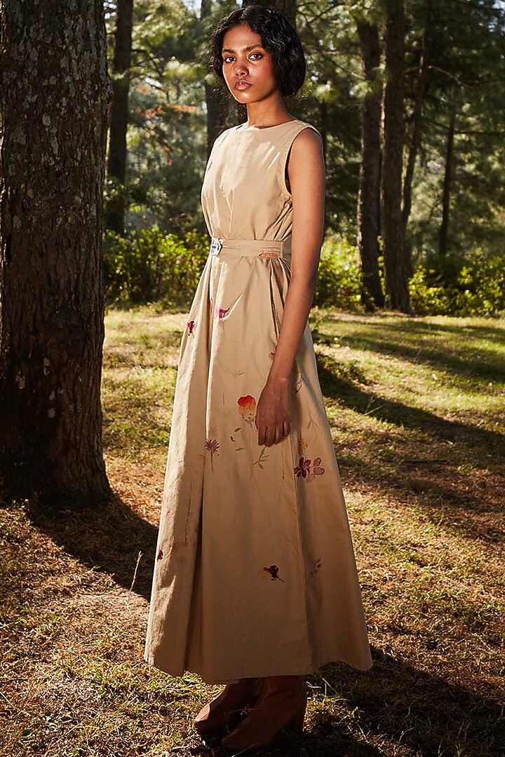 Khaki Brown Oxford Floral Printed Jumpsuit by Khara Kapas at Pernia's Pop Up Shop
