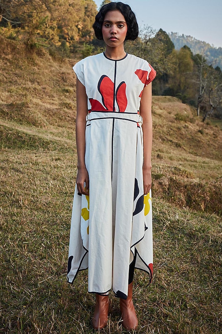 Off-White Canvas Abstract Floral Printed Summer Dress by Khara Kapas at Pernia's Pop Up Shop