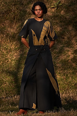 Charcoal Grey Oxford Leaf Printed Jumpsuit by Khara Kapas
