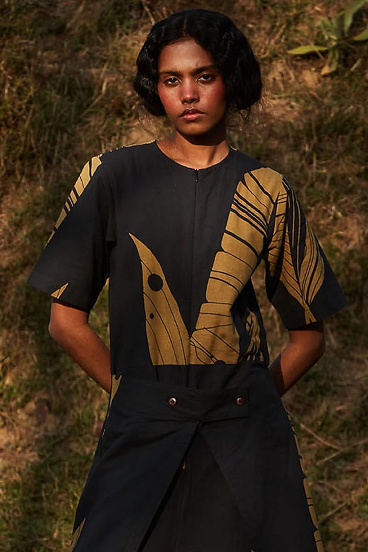 Charcoal Grey Oxford Leaf Printed Jumpsuit by Khara Kapas at Pernia's Pop Up Shop
