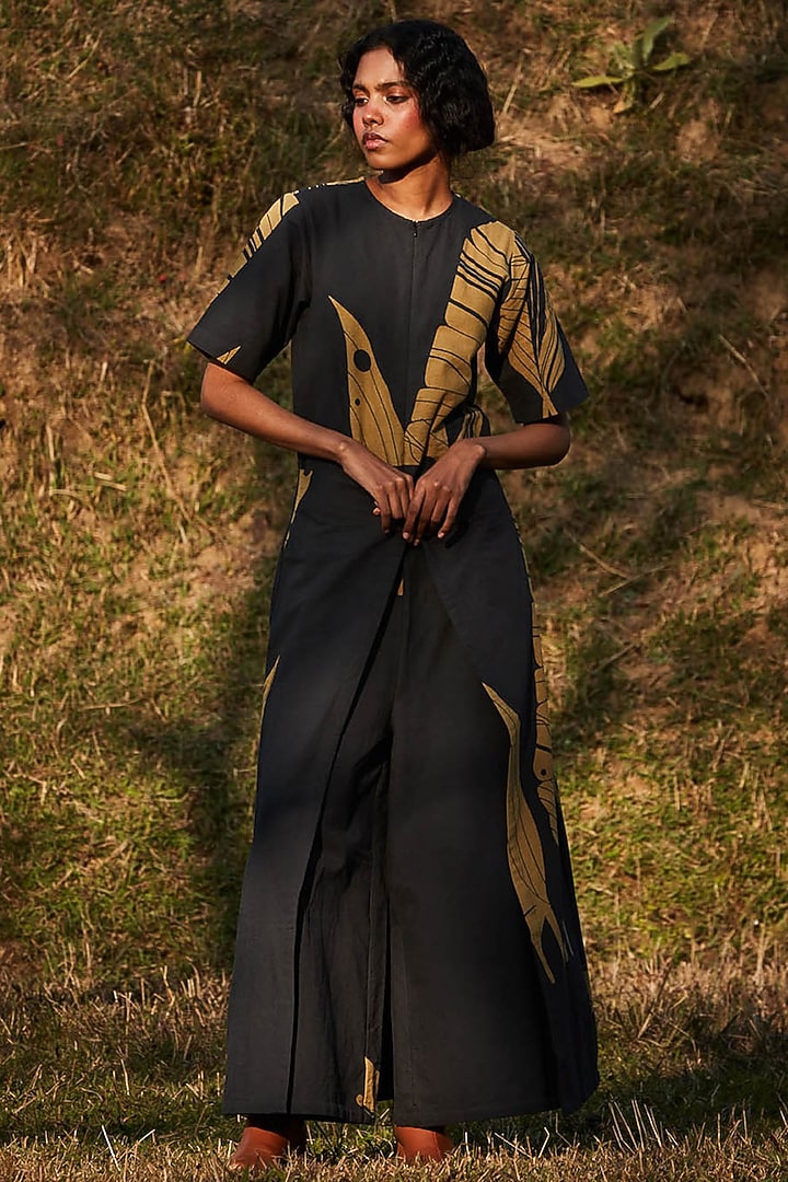 Charcoal Grey Oxford Leaf Printed Jumpsuit by Khara Kapas at Pernia's Pop Up Shop