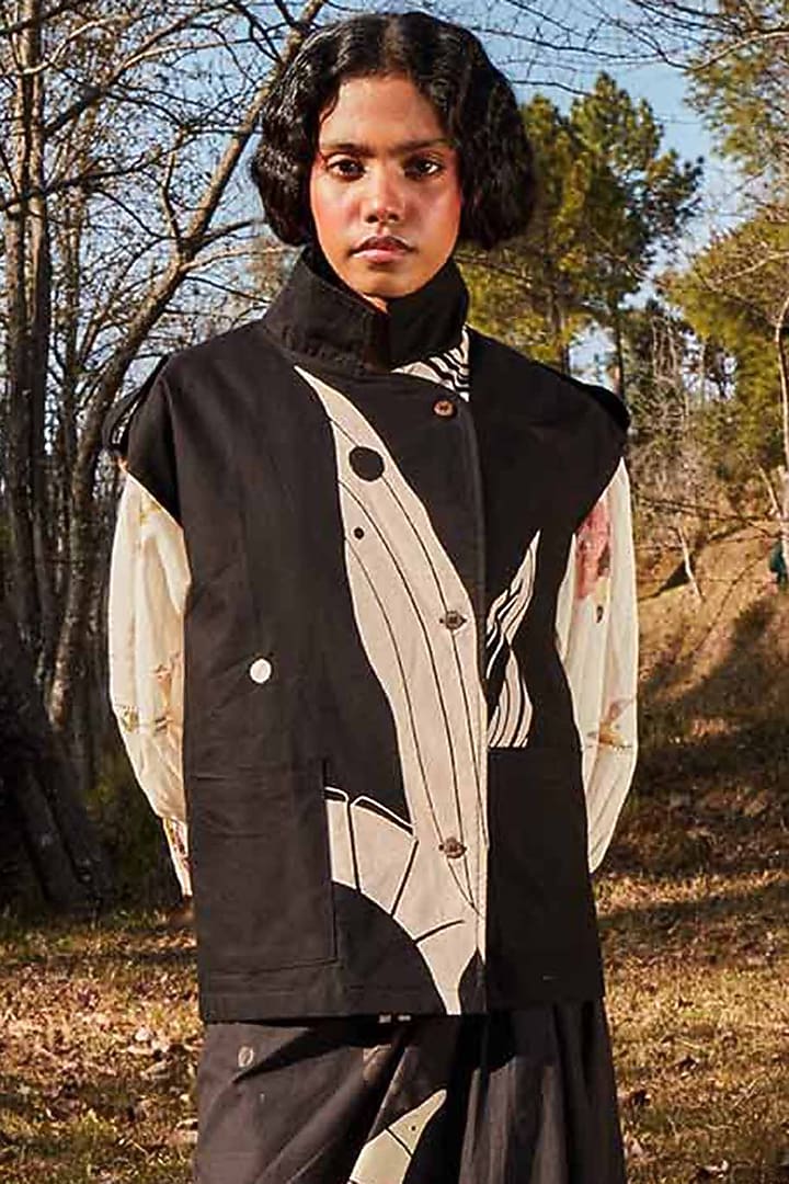 Black Oxford Leaf Printed Jacket by Khara Kapas at Pernia's Pop Up Shop