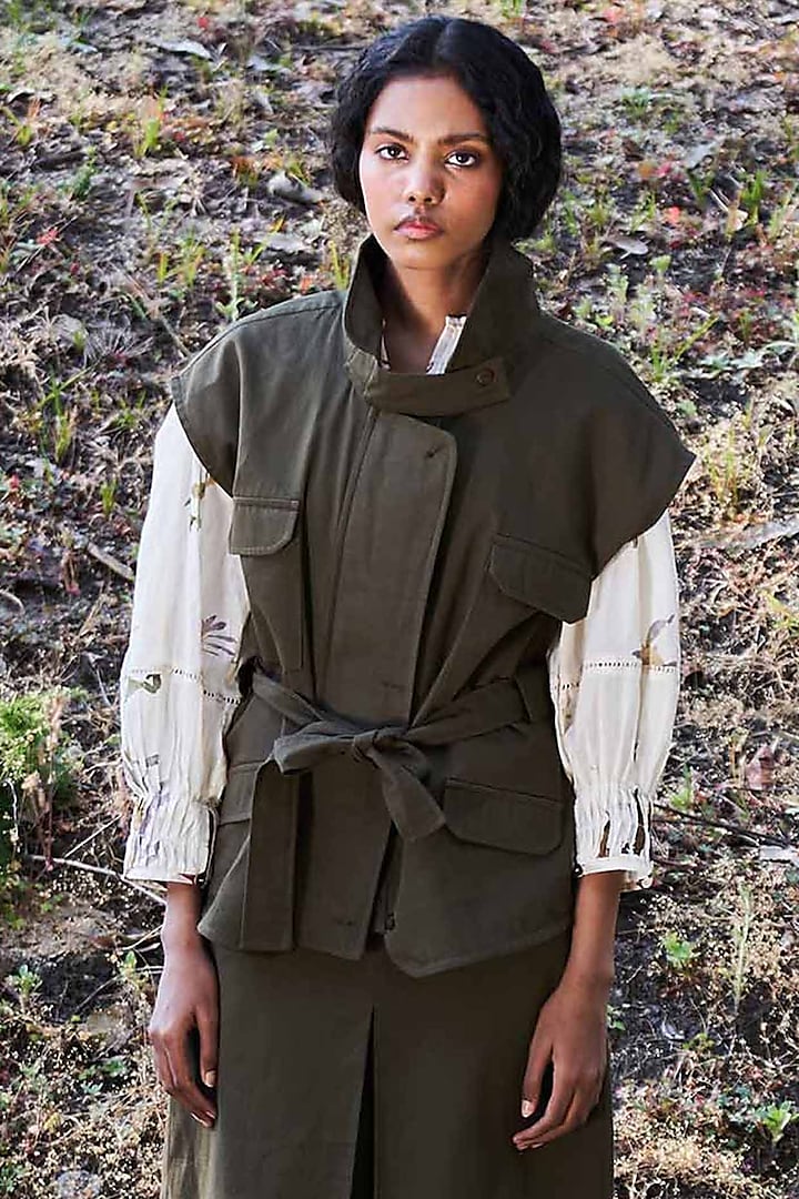 Olive Green Twill Jacket by Khara Kapas at Pernia's Pop Up Shop