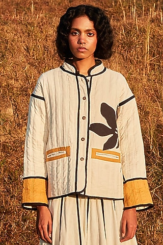 Off-White & Mustard Cotton Mul Floral Patchwork Jacket by Khara Kapas