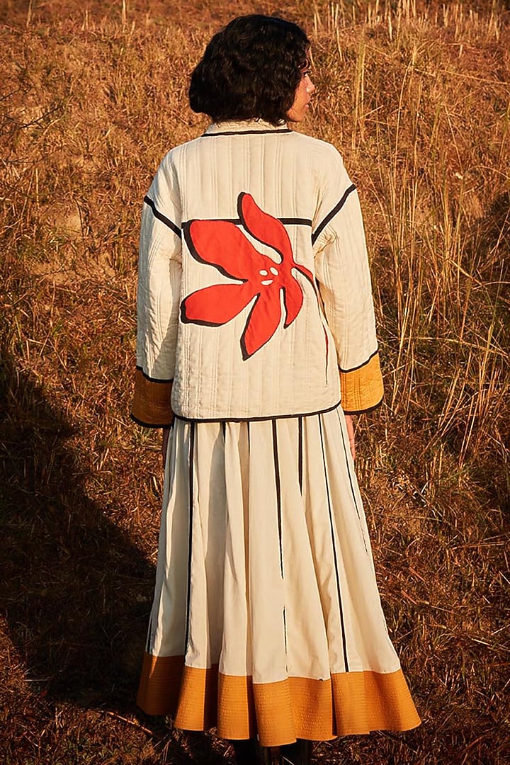 Off-White & Mustard Cotton Mul Floral Patchwork Jacket by Khara Kapas at Pernia's Pop Up Shop
