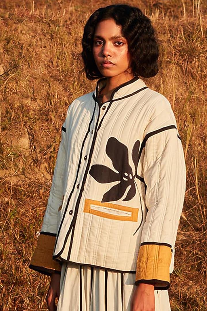 Off-White & Mustard Cotton Mul Floral Patchwork Jacket by Khara Kapas at Pernia's Pop Up Shop