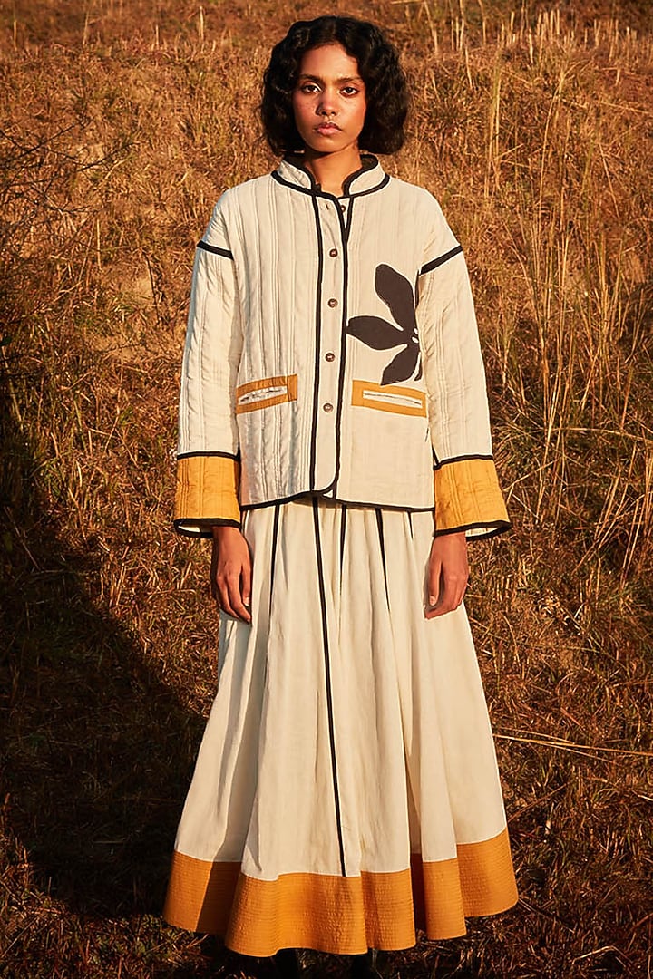 Off-White & Mustard Cotton Mul Floral Patchwork Jacket by Khara Kapas at Pernia's Pop Up Shop