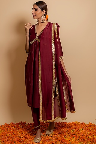 Maroon Silk Chanderi A-Line Kurta Set by KALAKARI BY AKANKSHA