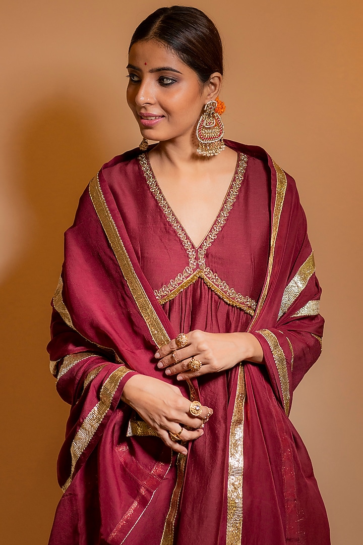 Maroon Silk Chanderi A-Line Kurta Set by KALAKARI BY AKANKSHA at Pernia's Pop Up Shop